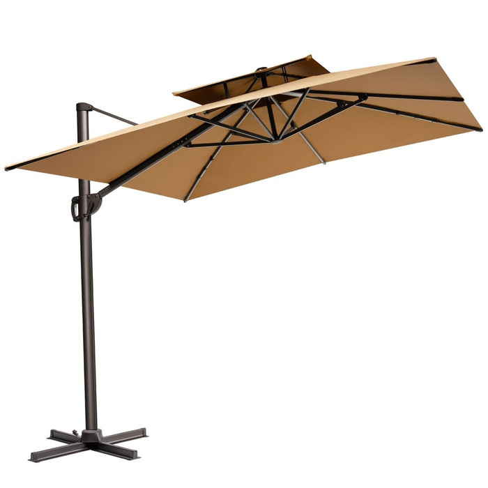 11' Tan Polyester Round Tilt Cantilever Patio Umbrella With Stand - herplace.store