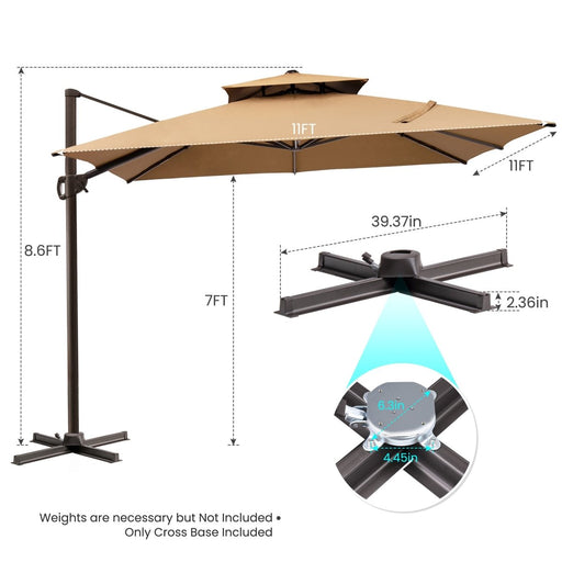 11' Tan Polyester Round Tilt Cantilever Patio Umbrella With Stand - herplace.store