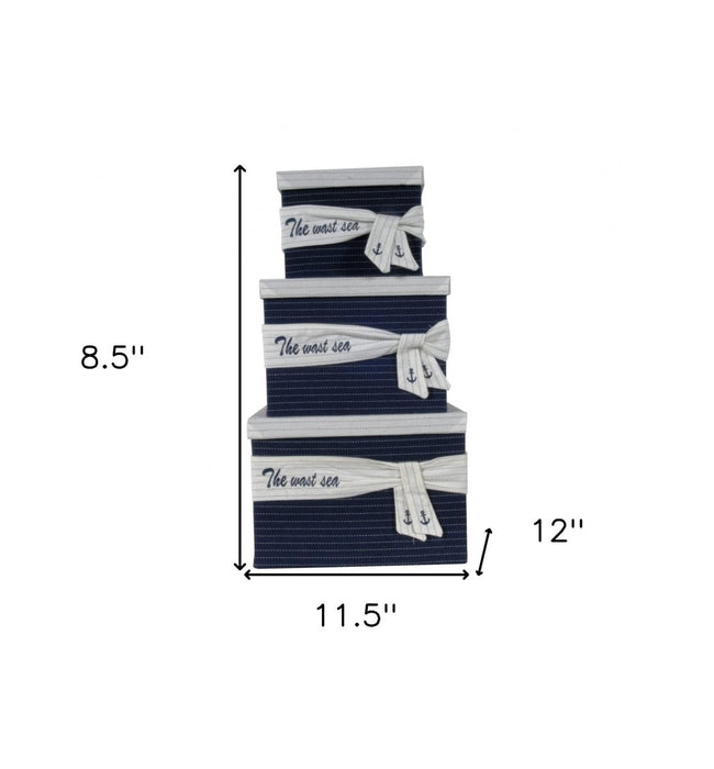 11.5" X 12" X 8.5" White Blue Fabric Boxes With Cover Set Of 3 - herplace.store