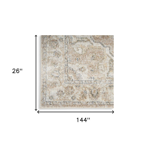 12' Beige Oriental Power Loom Washable Runner Rug - herplace.store