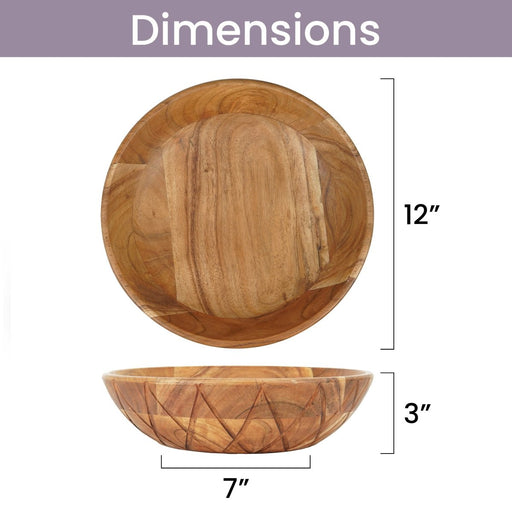 12" Natural Geo Carved Edge Wood Low Centerpiece Bowl - herplace.store