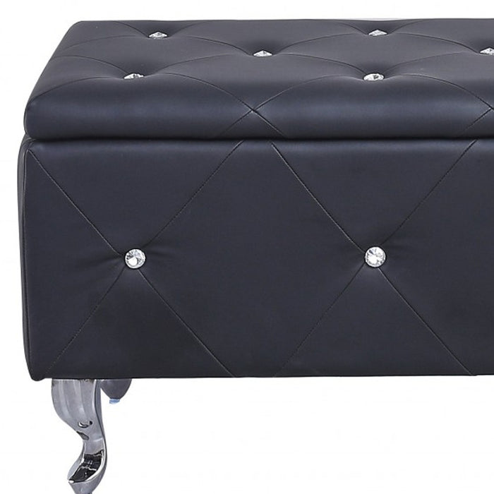 38" Black and Silver Faux Leather Storage Bench With Flip Top