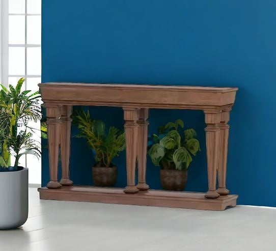 60" Brown Solid Wood Floor Shelf Console Table