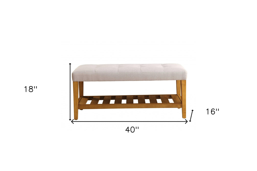 40" Beige and Brown Upholstered Polyester Bench with Shelves