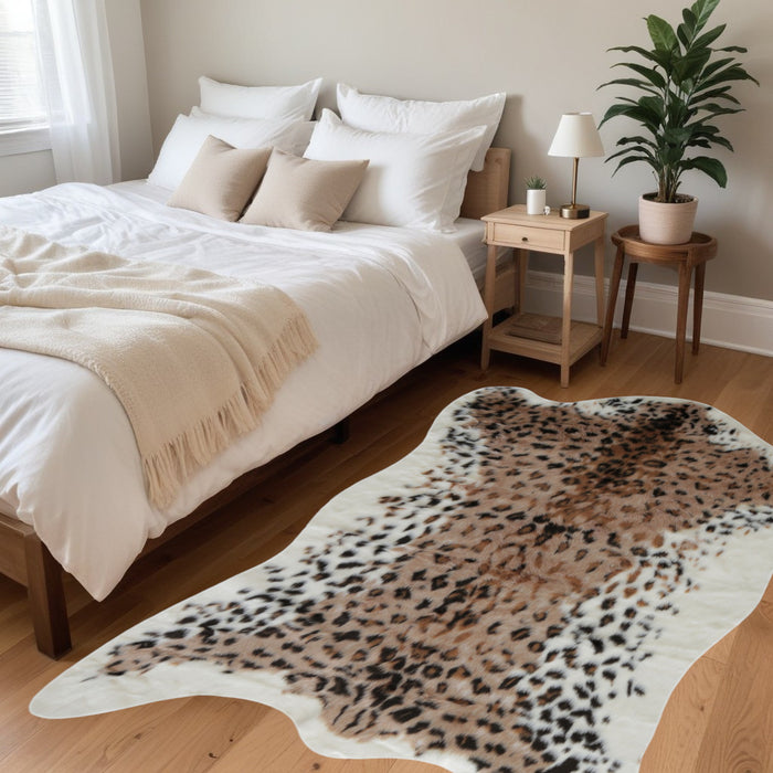 4' X 5' Ivory Black and Brown Faux Fur Leopard Print Area Rug