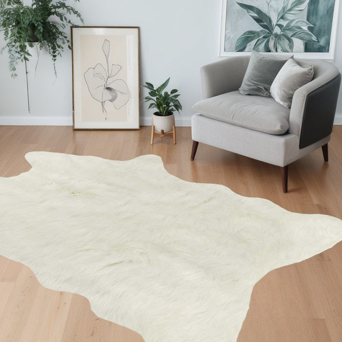 5' X 8' Off White Faux Fur Hand Knotted Washable Area Rug