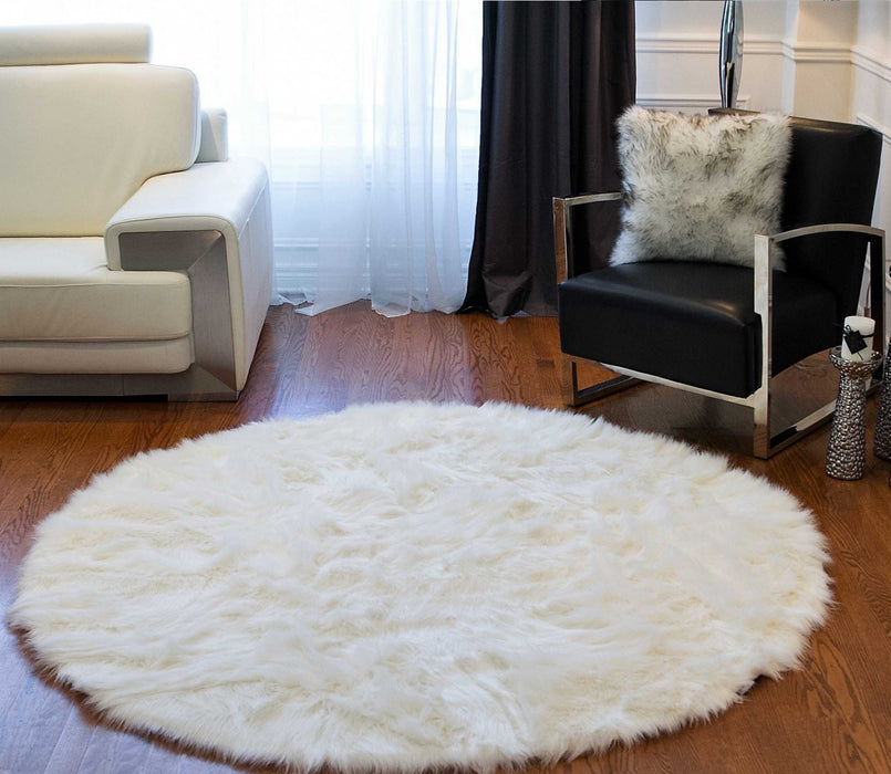 72" Off White Circular Faux Fur Area Rug