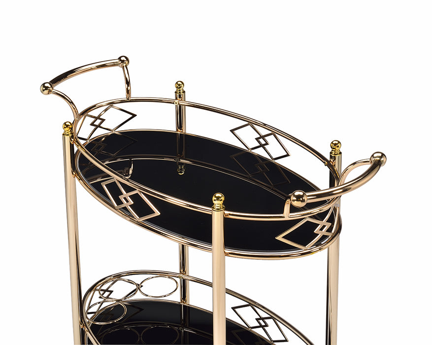 Gold and Black Metal And Glass Oval Rolling Bar Cart