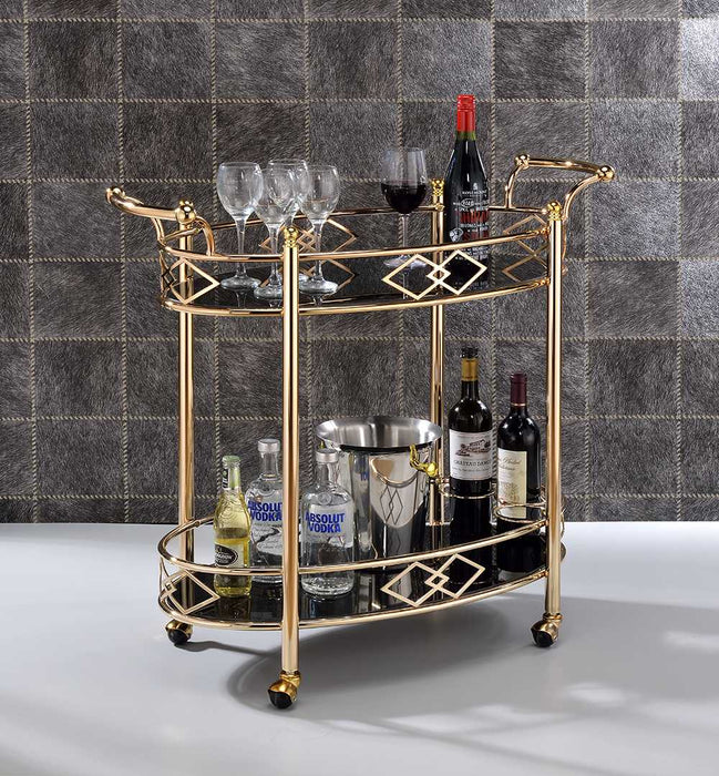 Gold and Black Metal And Glass Oval Rolling Bar Cart