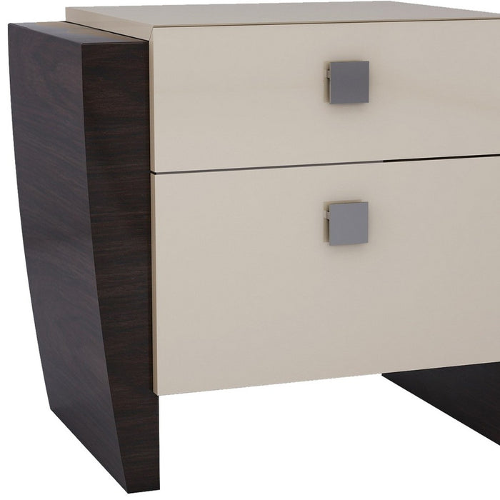 22" Beige and Dark Brown Two Drawer Wood Mirrored Nightstand With Storage