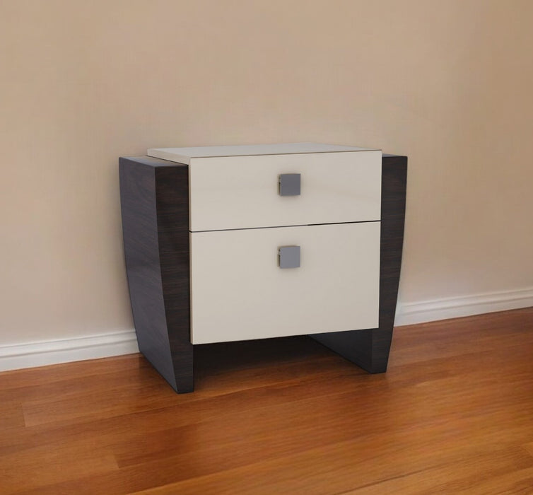 22" Beige and Dark Brown Two Drawer Wood Mirrored Nightstand With Storage