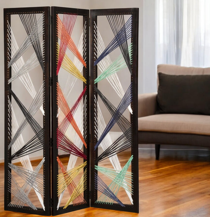 72" Black Fabric Folding Three Panel Screen Room Divider