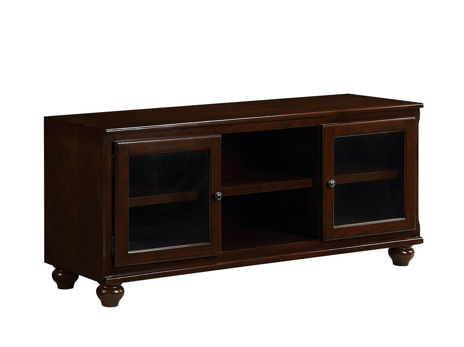 58" Brown Enclosed And Open Storage Wood And Glass TV Stand