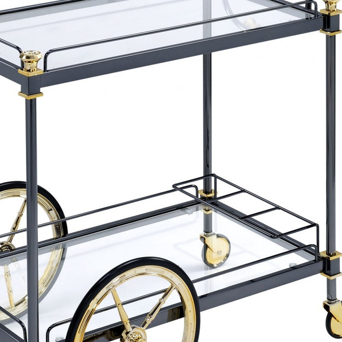 Black and Gold Iron And Glass Rolling Bar Cart With Wine Storage