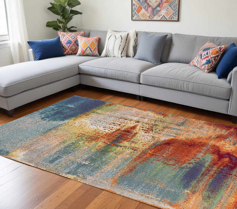 10' X 13' Blue Rust Orange Machine Woven Abstract Brushstrokes Indoor Area Rug