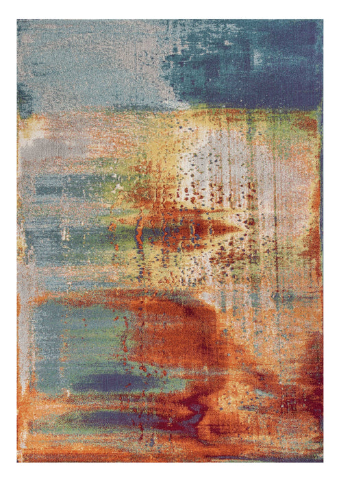 10' X 13' Blue Rust Orange Machine Woven Abstract Brushstrokes Indoor Area Rug