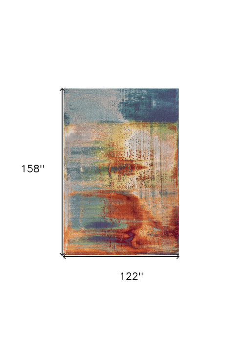 10' X 13' Blue Rust Orange Machine Woven Abstract Brushstrokes Indoor Area Rug