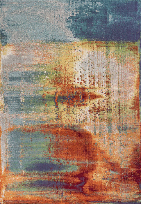 10' X 13' Blue Rust Orange Machine Woven Abstract Brushstrokes Indoor Area Rug