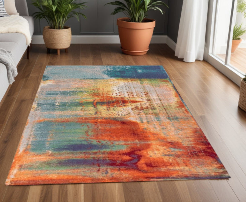 10' X 13' Blue Rust Orange Machine Woven Abstract Brushstrokes Indoor Area Rug