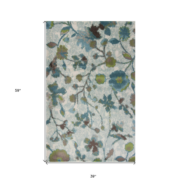 5' X 8' Teal Blue Machine Woven Floral Indoor Area Rug