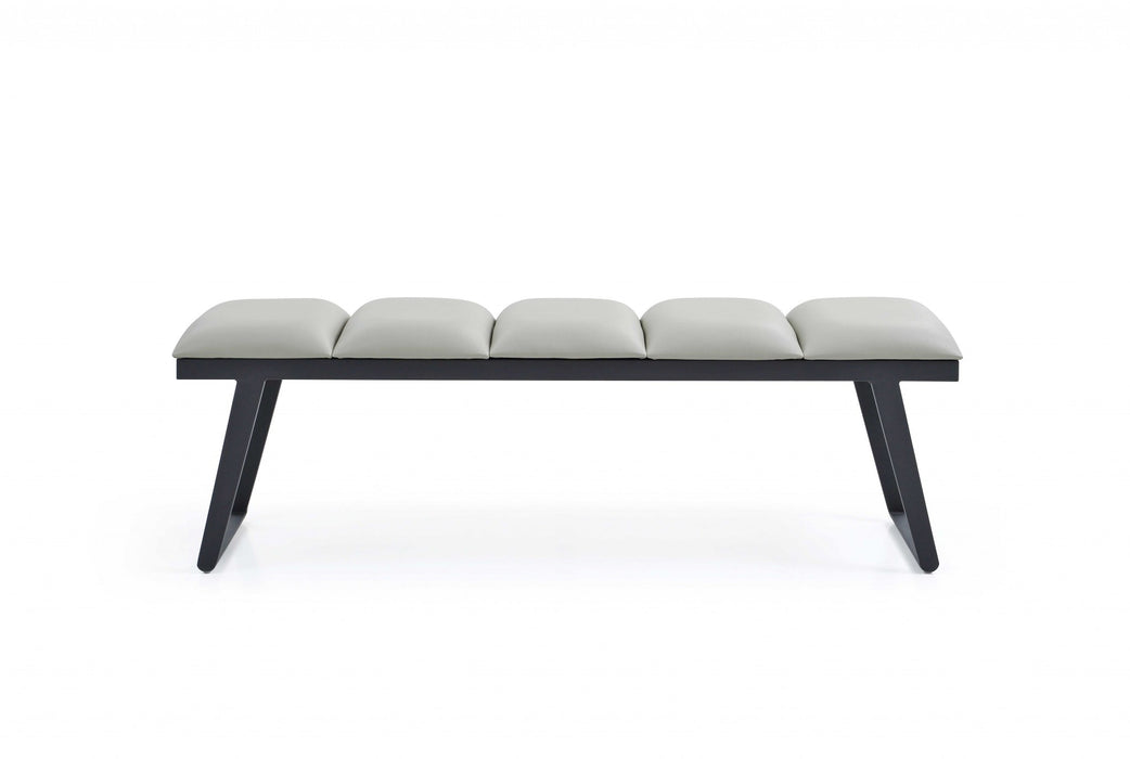 57" Light Gray and Black Upholstered Faux Leather Bench