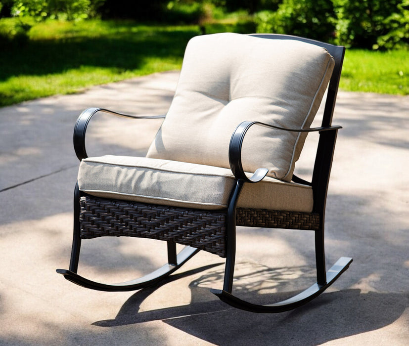 25" Black Steel Patio Rocking Chair With Beige Cushion