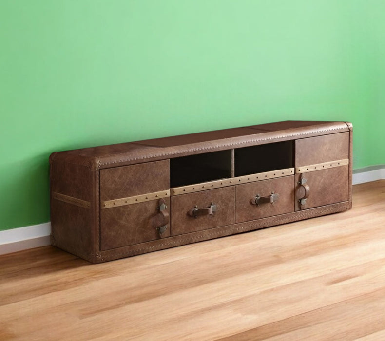 80" Brown Leather Enclosed and Open Storage TV Stand