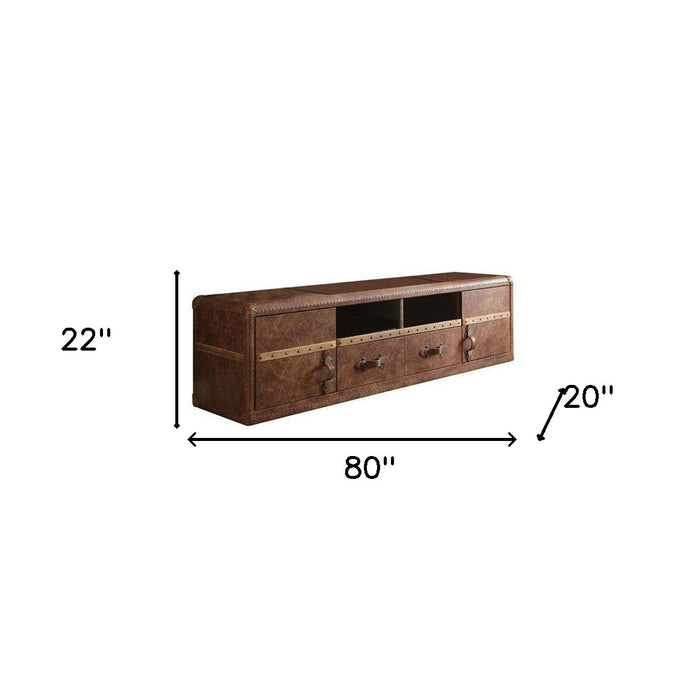 80" Brown Leather Enclosed and Open Storage TV Stand