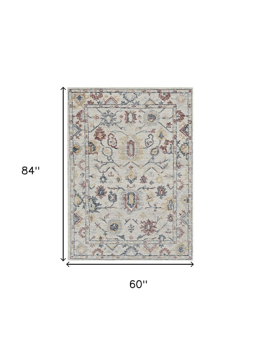 5' X 7' Ivory Floral Bordered Wool Indoor Area Rug