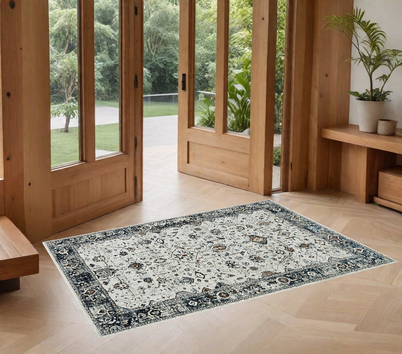 7' Ivory Grey Machine Woven Floral Traditional Indoor Runner Rug