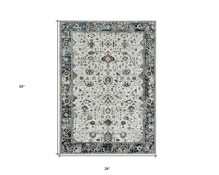 7' Ivory Grey Machine Woven Floral Traditional Indoor Runner Rug