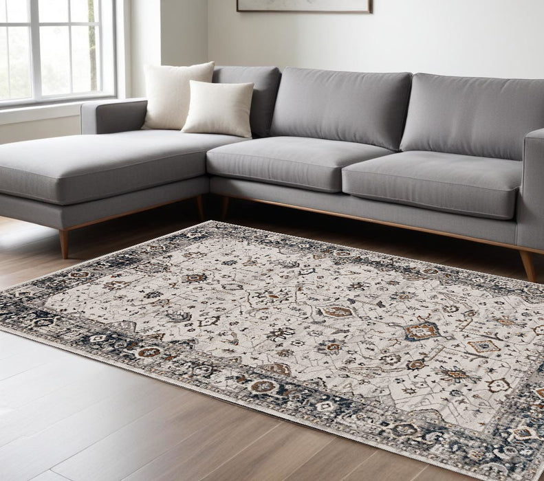 7' Ivory Grey Machine Woven Floral Traditional Indoor Runner Rug