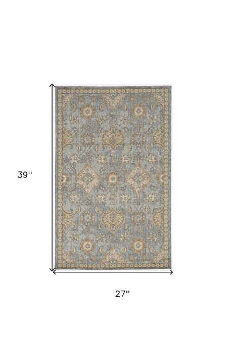 2' X 3' Sage Green Wool Floral Distressed Area Rug