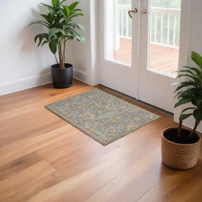 2' X 3' Sage Green Wool Floral Distressed Area Rug