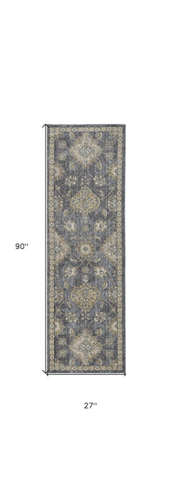 8' X 11' Slate Grey Machine Woven Bordered Floral Vines Indoor Area Rug