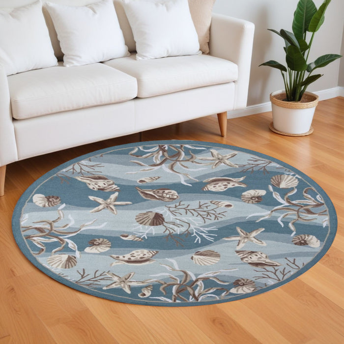 5' X 8' Seafoam Green Hand Hooked Sea Shells Indoor Area Rug