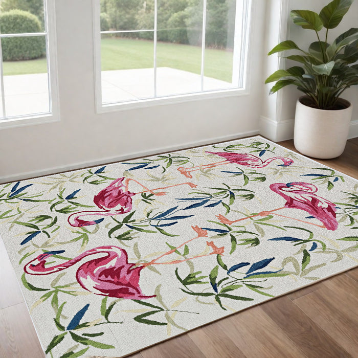 3' X 5' Ivory Pink Hand Hooked Flamingo Indoor Area Rug