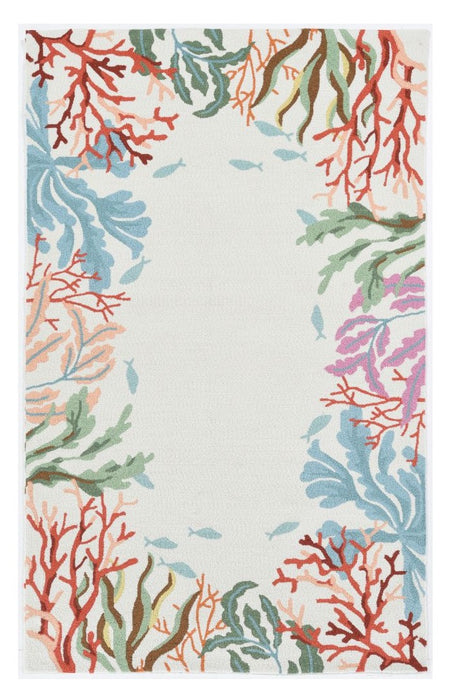 8' X 10' Ivory Hand Hooked Bordered Coral Reef Indoor Area Rug