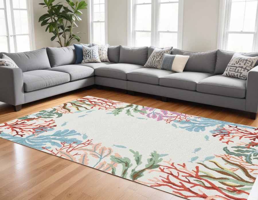 8' X 10' Ivory Hand Hooked Bordered Coral Reef Indoor Area Rug