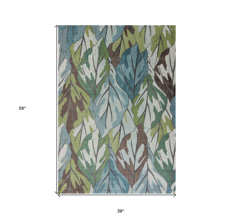 3' X 5' Blue and Green Botanical Leaves Area Rug