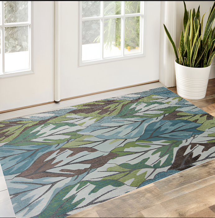 3' X 5' Blue and Green Botanical Leaves Area Rug