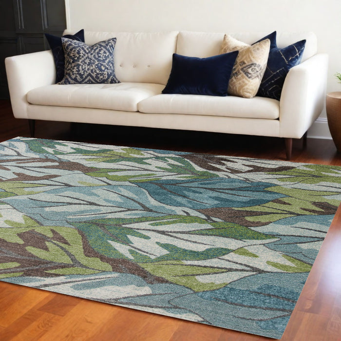 3' X 5' Blue and Green Botanical Leaves Area Rug