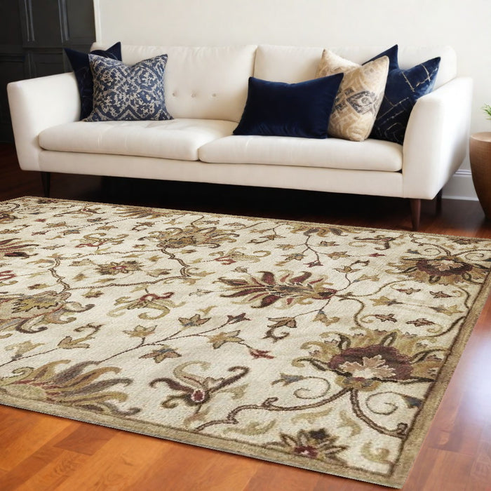 5' X 8' Champagne Beige Hand Tufted Traditional Floral Indoor Area Rug