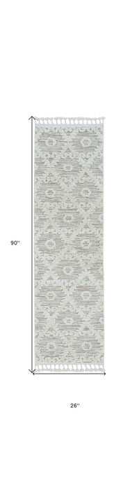 8' Beige and Ivory Geometric Runner Rug