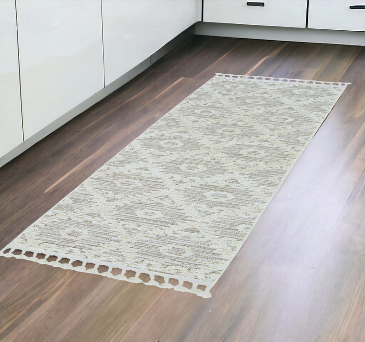 8' Beige and Ivory Geometric Runner Rug