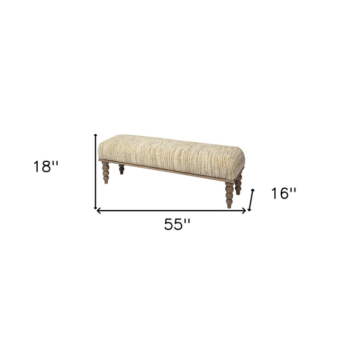 55" Cream and Wood Brown Upholstered Fabric Bench