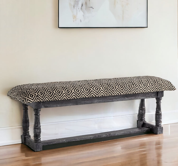 56" Black and White and Gray Upholstered Cotton Blend Trellis Bench