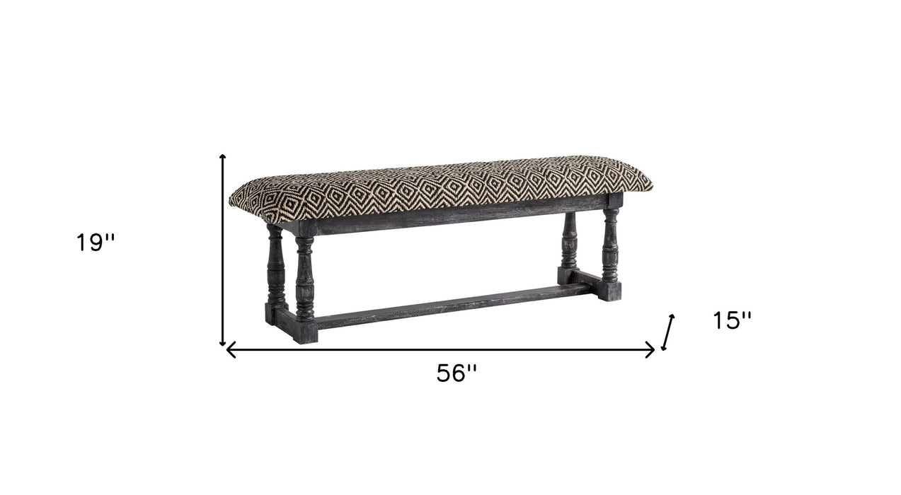 56" Black and White and Gray Upholstered Cotton Blend Trellis Bench