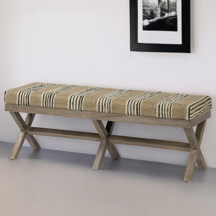 16" Beige And Brown Upholstered Cotton Blend Bench