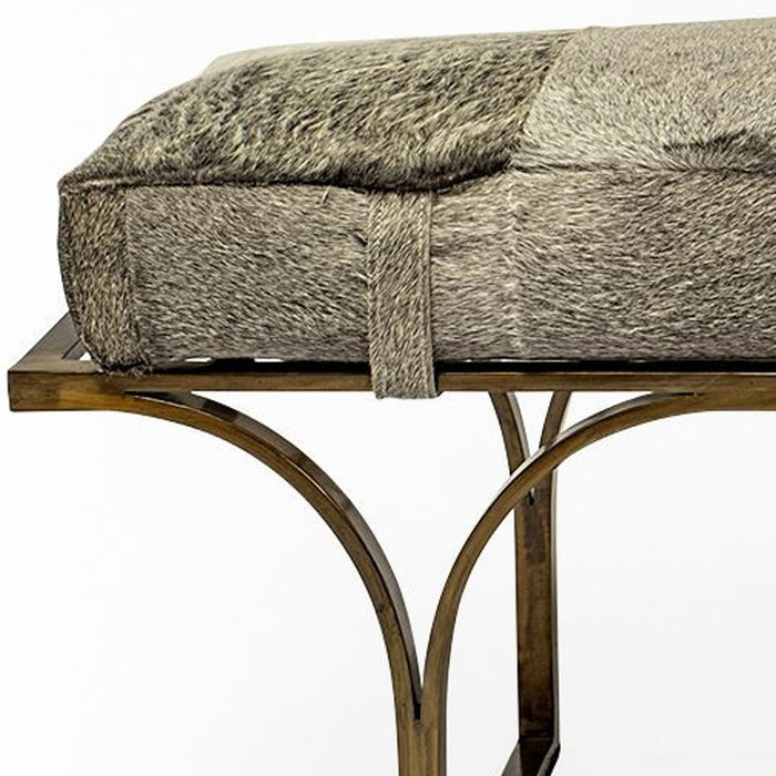 55" Gray and Antiqued Brass Faux Fur Upholstery Bench